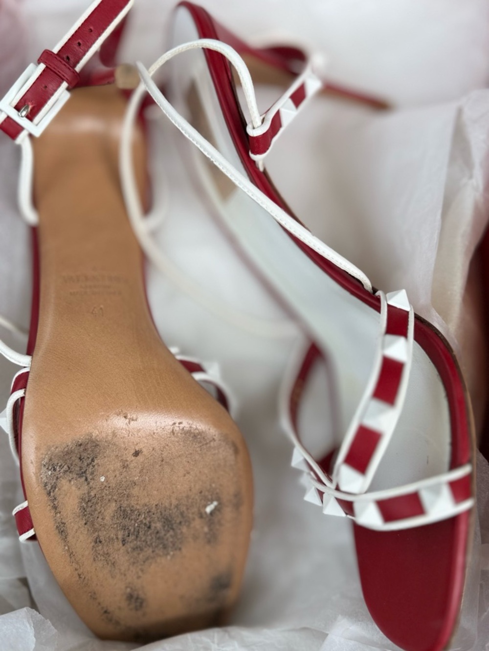 Valentino Garavani Red and White  Rockstud Slingback Sandals - Picture 2 of 8